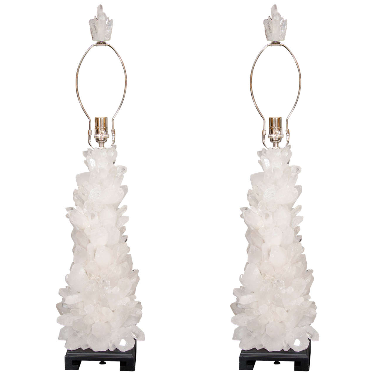 Pair of Custom Clear Quartz Crystal Lamps with Ebony Bases