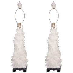 Pair of Custom Clear Quartz Crystal Lamp with Ebony Bases 11