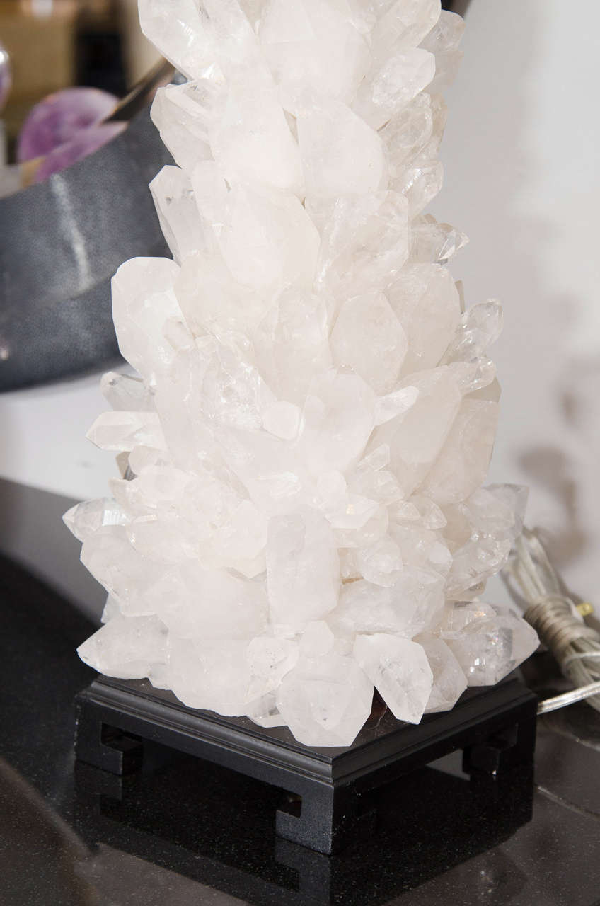 Pair of Custom Clear Quartz Crystal Lamp with Ebony Bases For Sale at