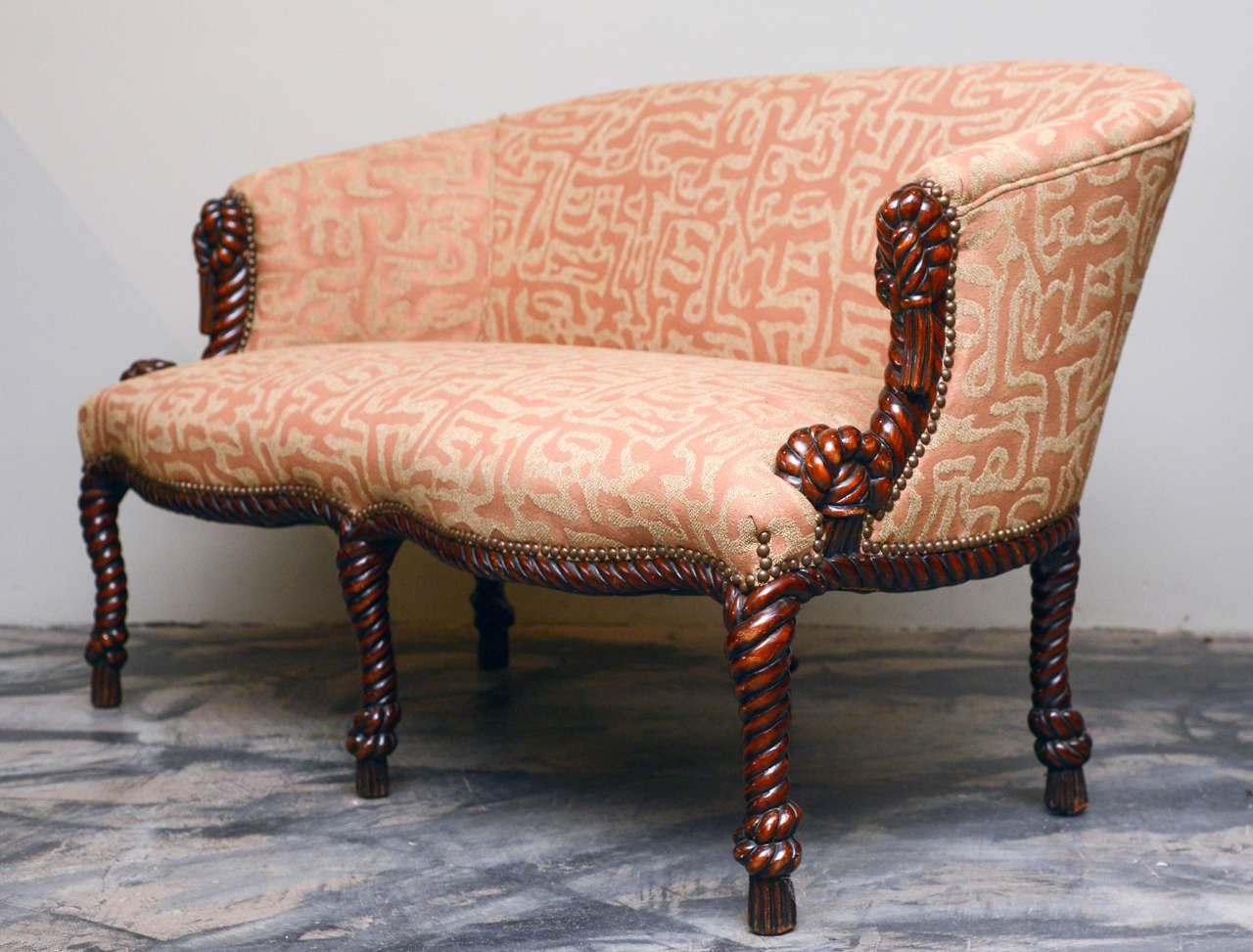 English Victorian Carved Mahogany Rope Twist Petite Settee, Circa 1850; 
with hand carved rope decoration throughout ending in tassel feet.
