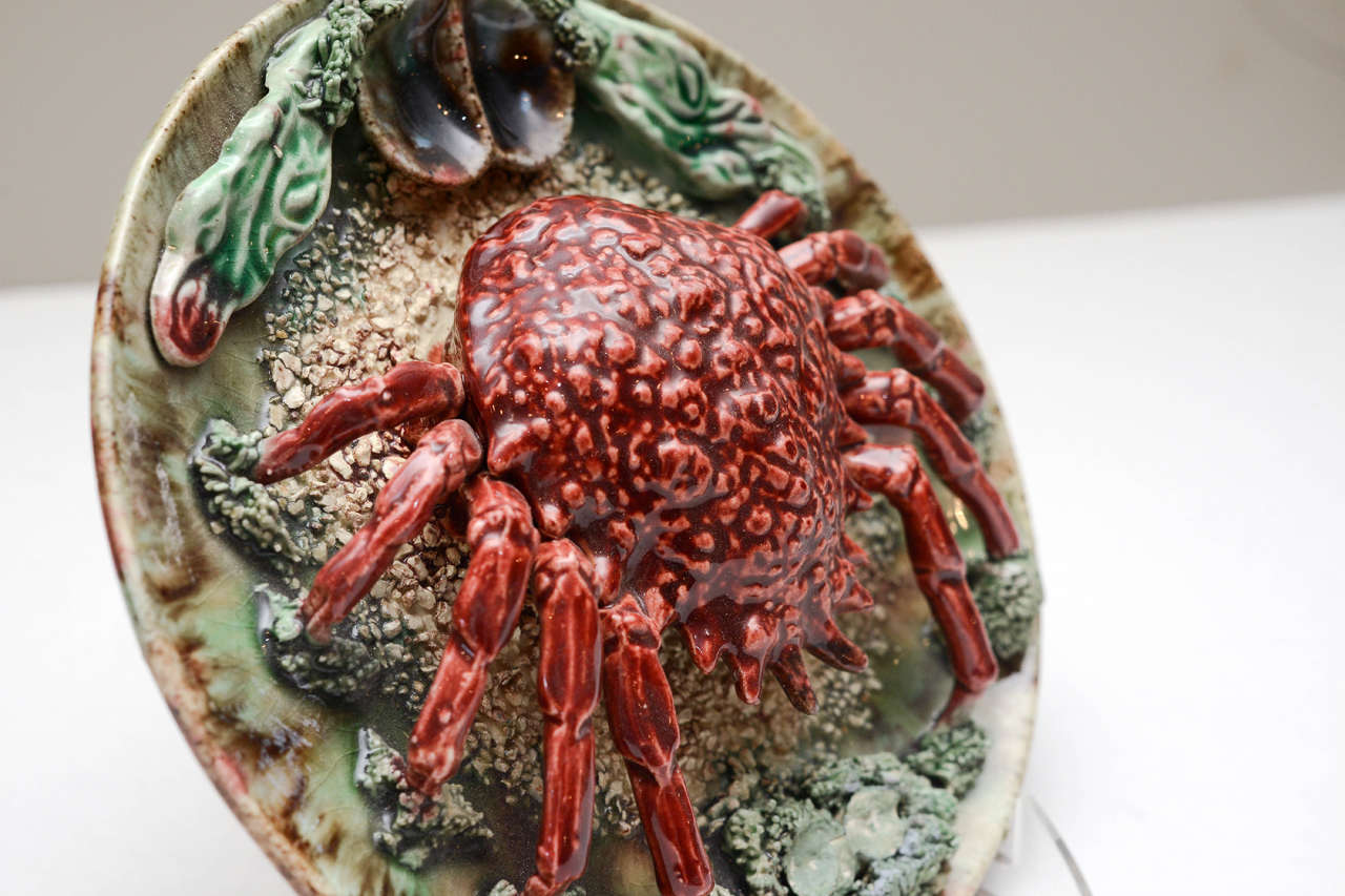 English Crab Palissy Majolica Plate, circa 1860 For Sale