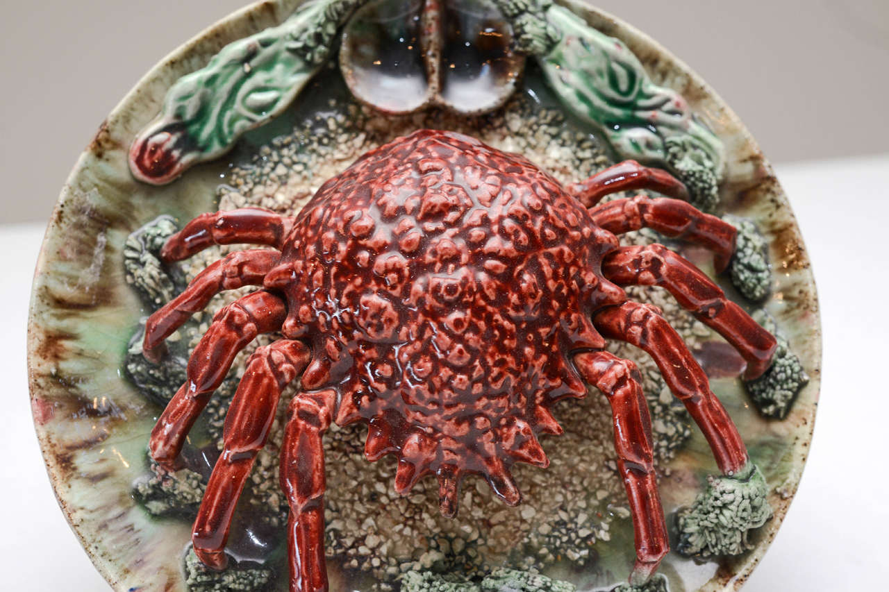 19th Century Crab Palissy Majolica Plate, circa 1860 For Sale