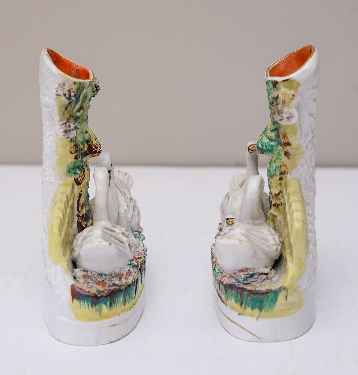 Ceramic Pair of Staffordshire Swan Spill Vases, Mid-19th Century For Sale