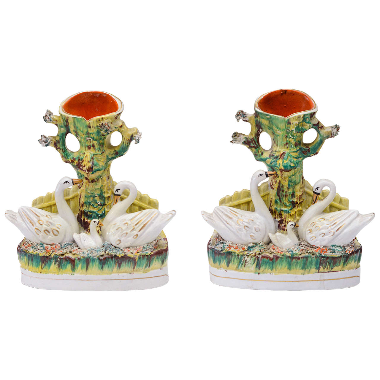 Pair of Staffordshire Swan Spill Vases, Mid-19th Century For Sale
