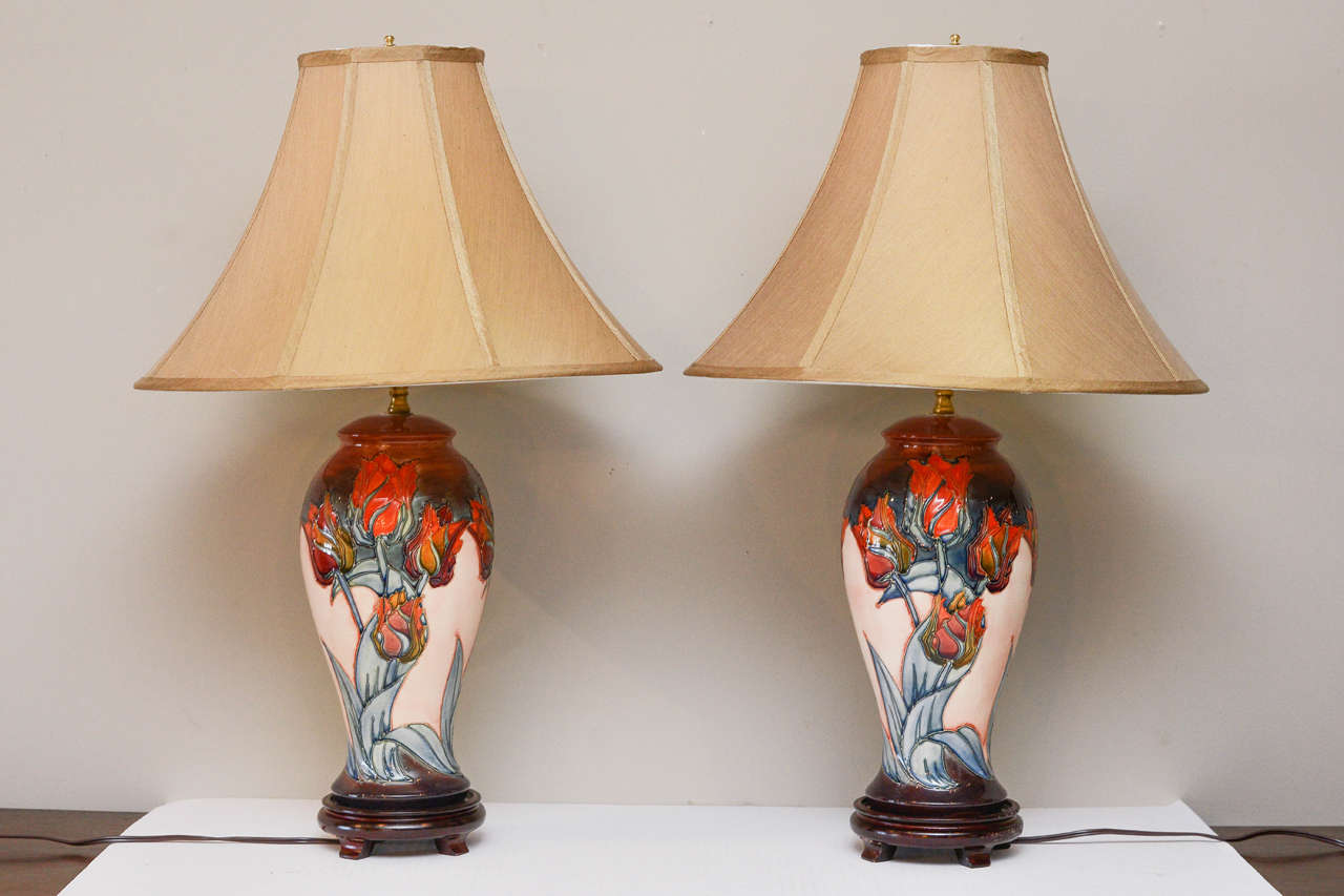 Pair of Moorcroft Tulip Lamps, Circa 1950