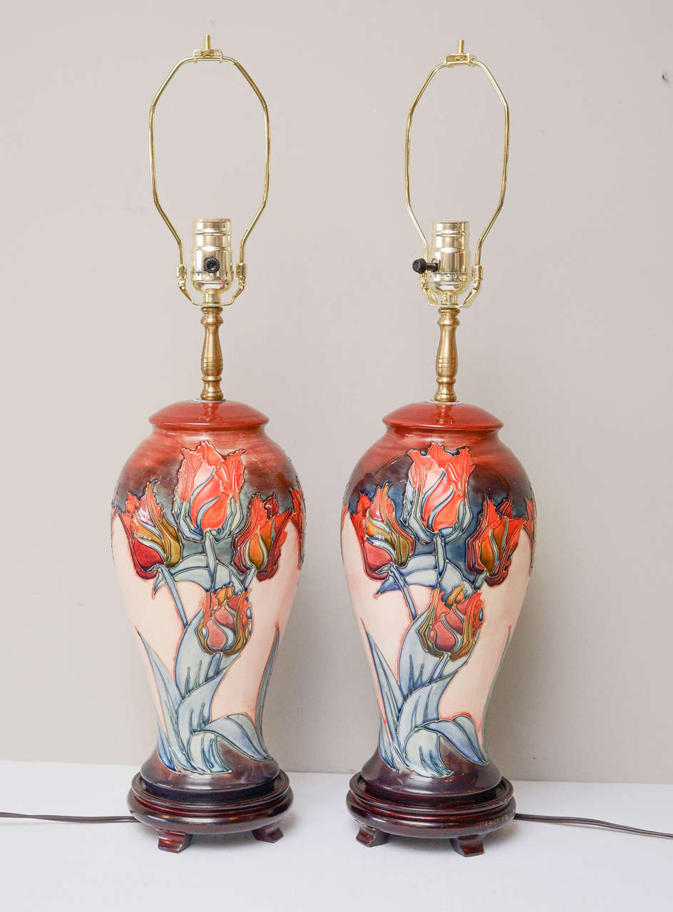British Pair of Moorcroft Tulip Lamps, Circa 1950 For Sale