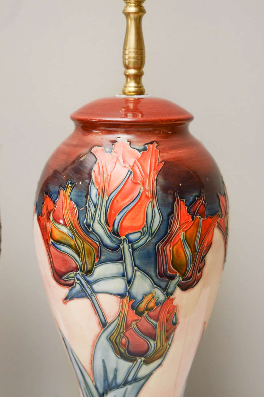 Pair of Moorcroft Tulip Lamps, Circa 1950 In Excellent Condition For Sale In Hinsdale, IL