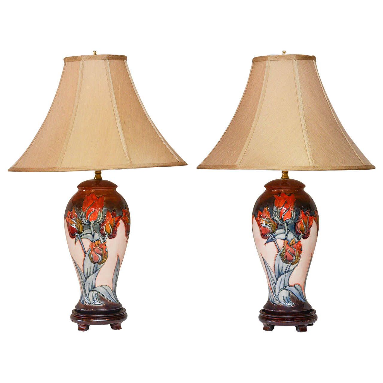 Pair of Moorcroft Tulip Lamps, Circa 1950 For Sale
