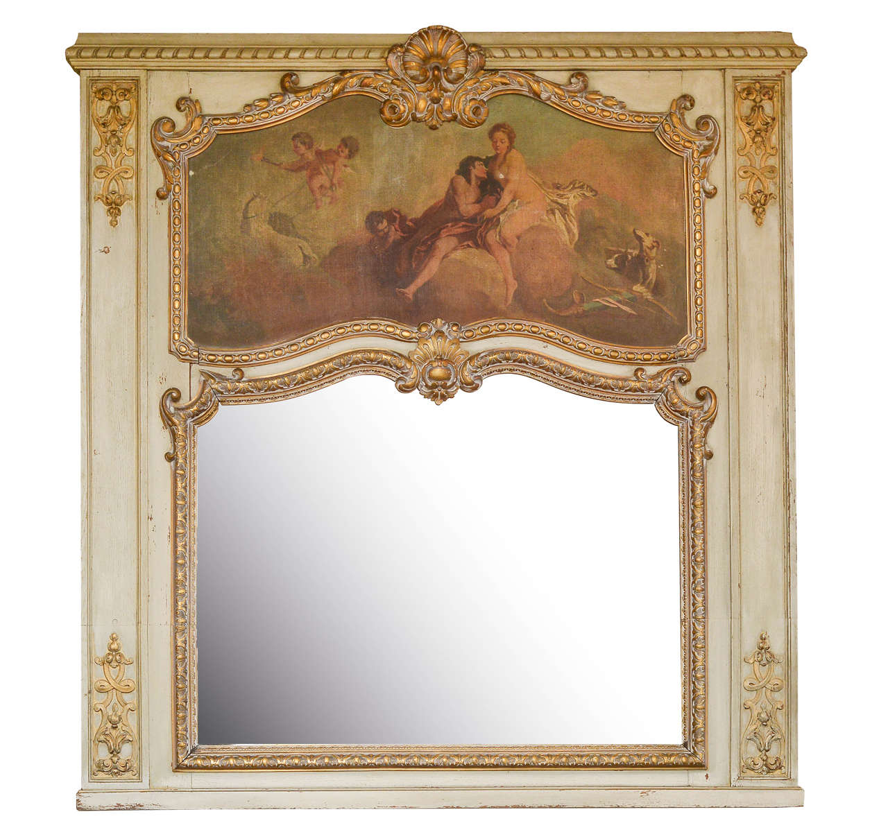 French Louis XVI style painted and gilt trumeau with allegorical scene, oil on canvas, Circa 1840.