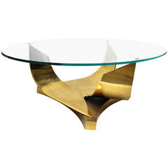 Round Coffee Table with Bronze Base and Oval Glass Top by Ron Seff