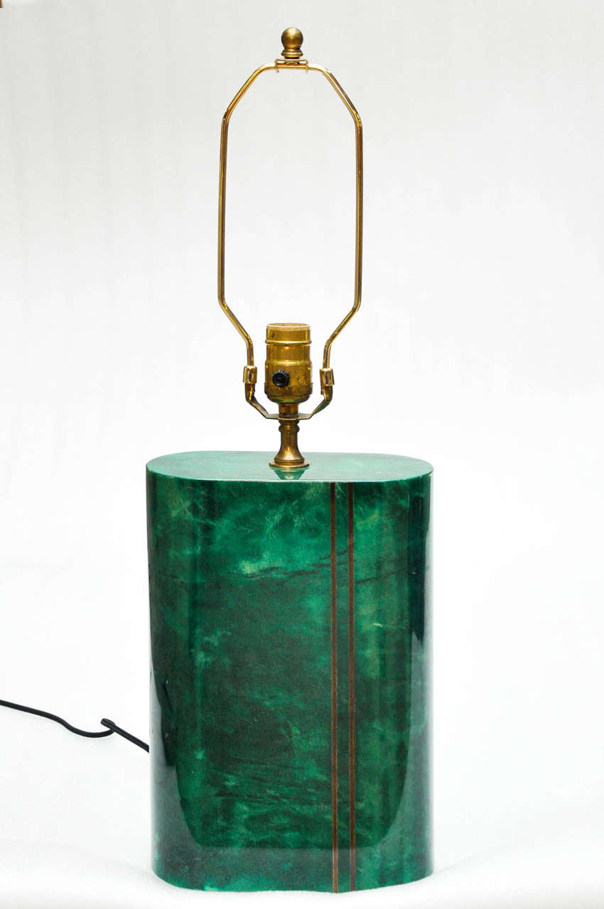 Aldo Tura Green Parchment and Brass Table Lamp In Excellent Condition In Chicago, IL