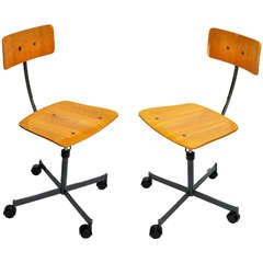 Pair of 1950s French Industrial Wood Chairs on Casters