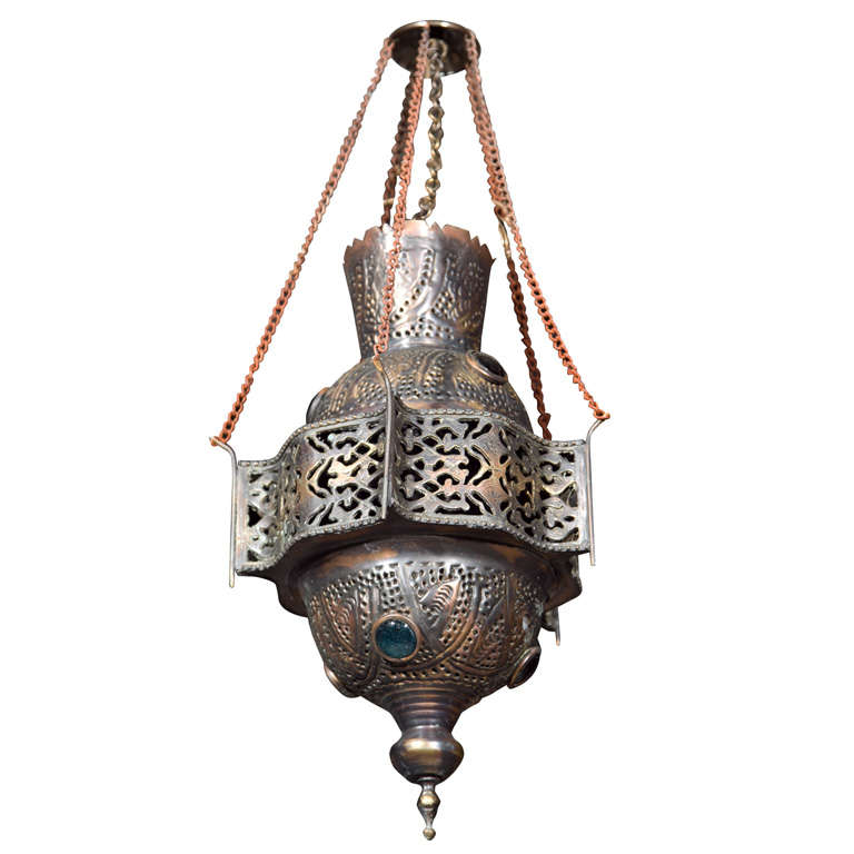 Lantern Middle Eastern Pierced Brass with Glass Inserts