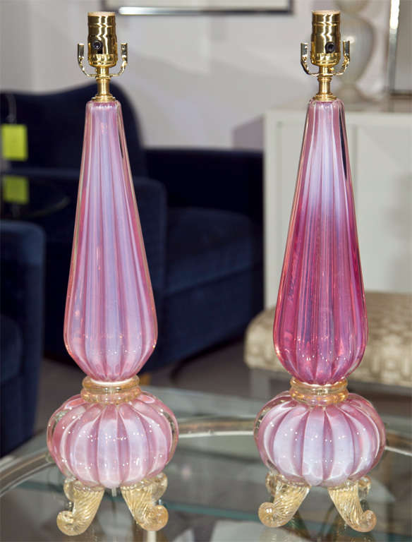 Exquisite pair of hand blown MURANO glass lamps by Seguso in pink and Gold Opaline,newly rewired.