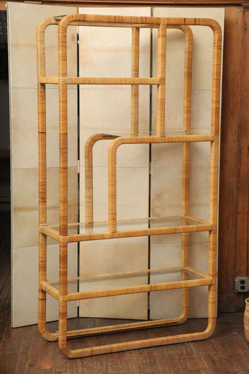 fantastic cane and glass etagere display shelving unit