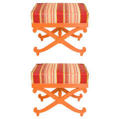 Pair of Silk Upholstered Hollywood Regency Stools