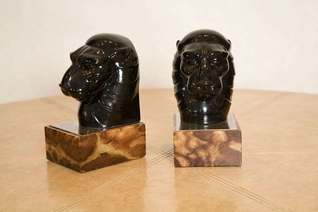 Marble Italian Art Deco Lion Head Bookends