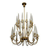A Large Two Tier Brass and Glass Chandelier.