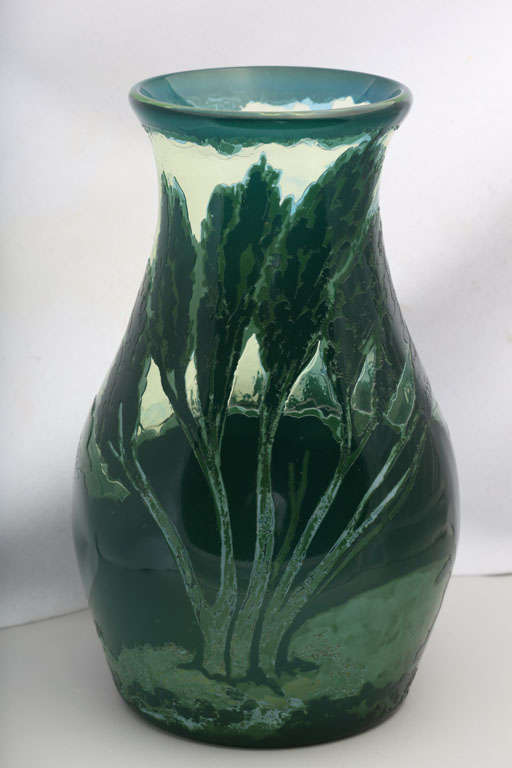 A rare Lionel Pearce cameo glass scenic vase, the clear glass overlayed in green and blue. Pearce is known for his work at Thomas Webb & Sons