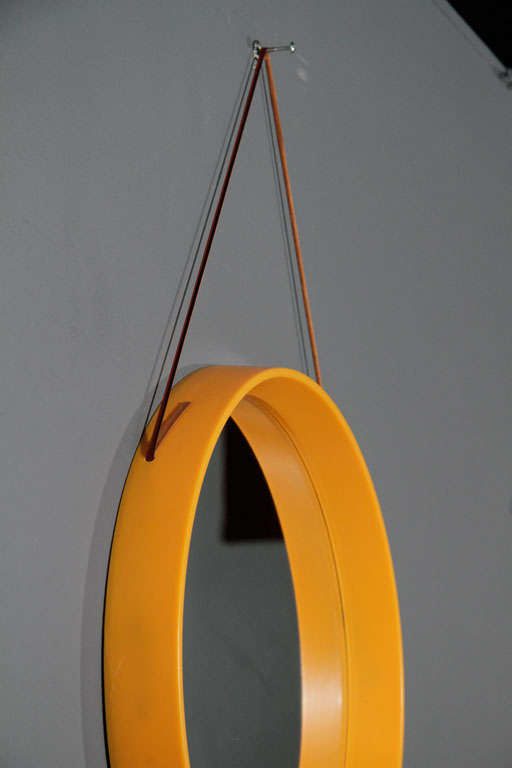 Yellow-Orange Danish Round Mirror with Leather Cord In Excellent Condition In New York, NY