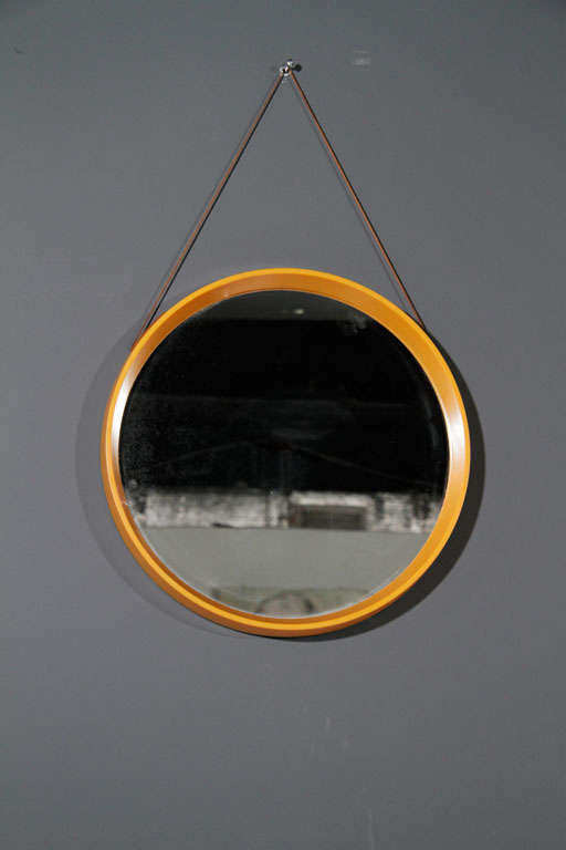 Yellow-Orange Danish Round Mirror with Leather Cord 1