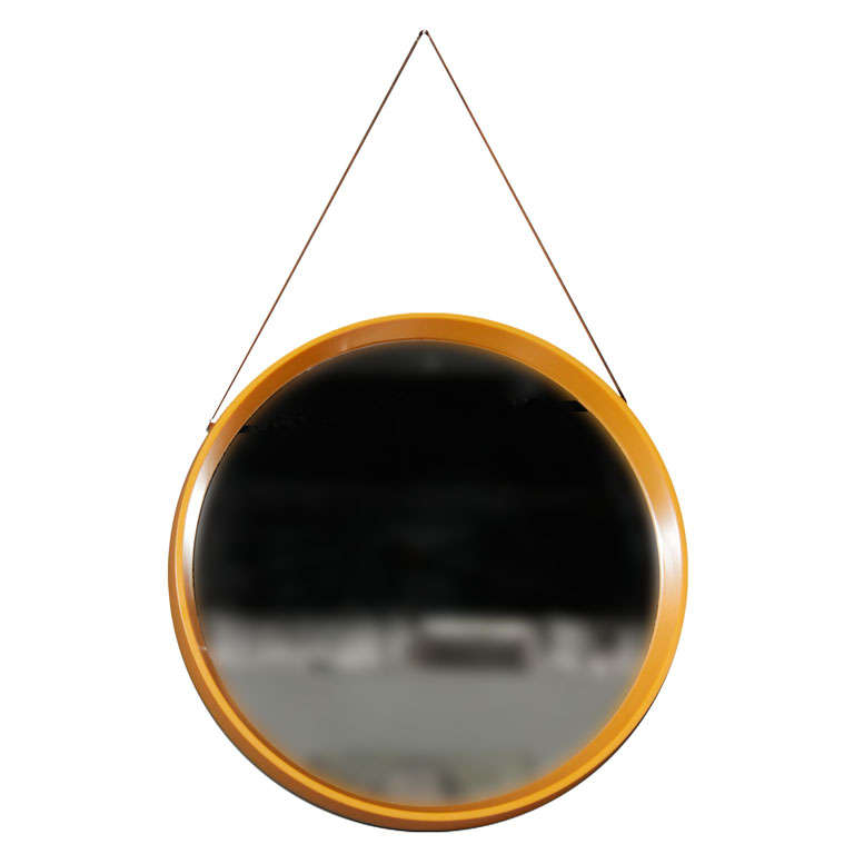 Yellow-Orange Danish Round Mirror with Leather Cord