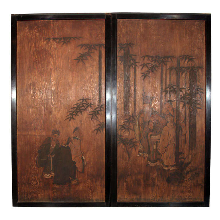 Pair of Japanese Sugi-do Painted Wood Doors For Sale