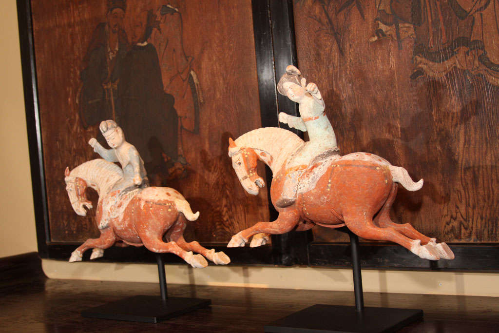 18th Century and Earlier Pair of Chinese Tang Dynasty Horse & Rider Equestrian Figures For Sale