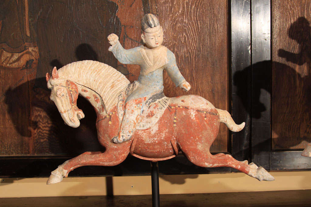 Pair of Chinese Tang Dynasty Horse & Rider Equestrian Figures For Sale 3