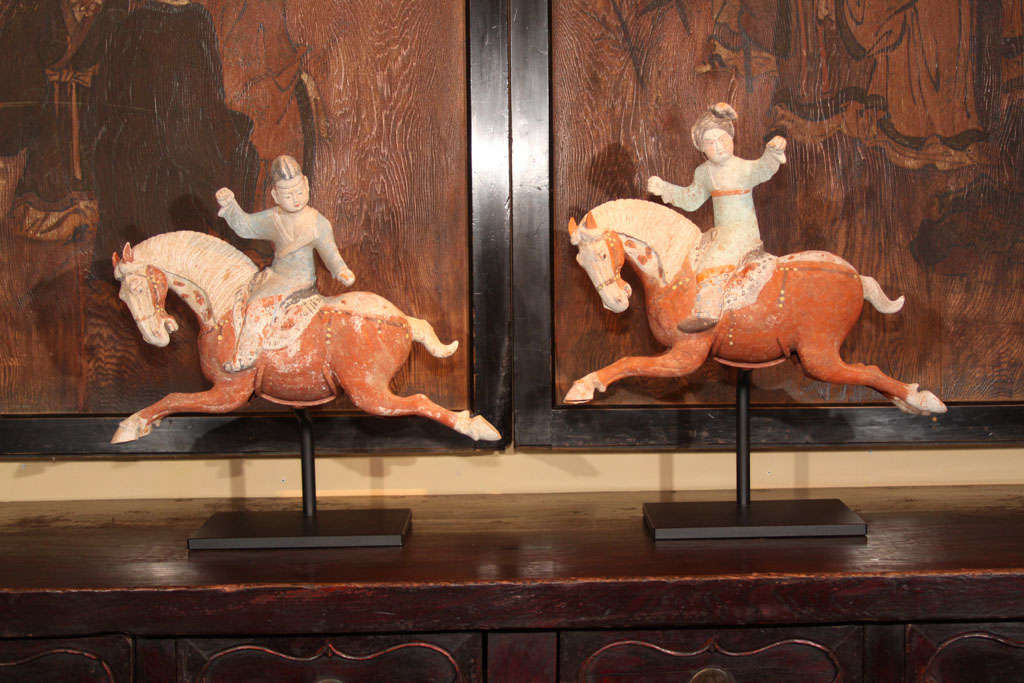 Pair of Chinese Tang Dynasty Horse & Rider Equestrian Figures