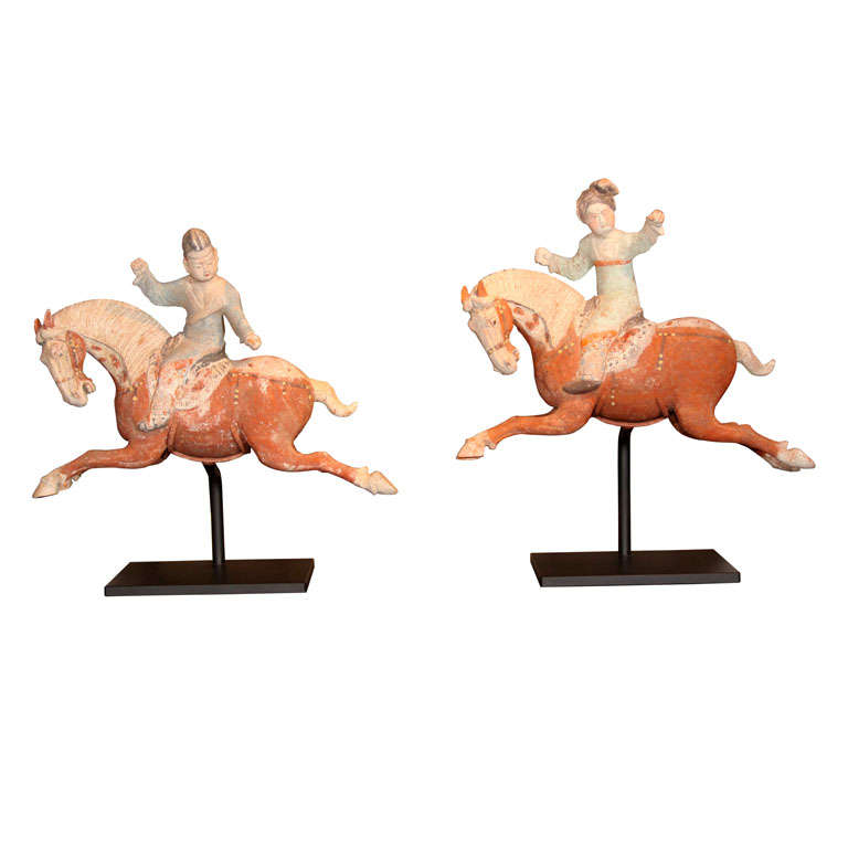 Pair of Chinese Tang Dynasty Horse & Rider Equestrian Figures For Sale