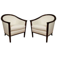 Pair of Swedish Gondola Form Mahogany Upholstered Arm Chairs