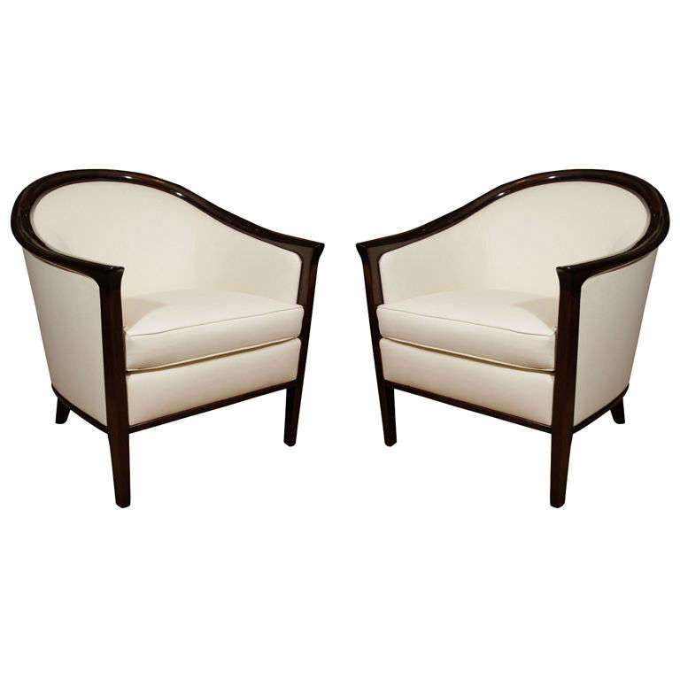 Pair of Swedish Gondola Form Mahogany Upholstered Arm Chairs