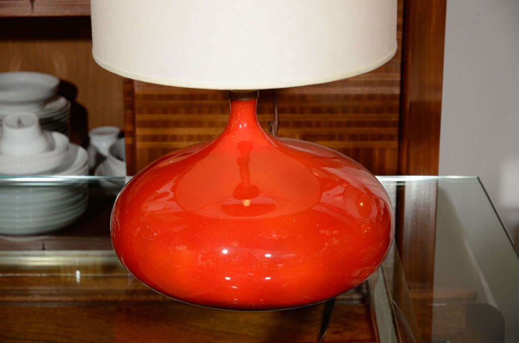 Pair of red ceramic lamps by Ruelland, French 1950s For Sale at 1stDibs