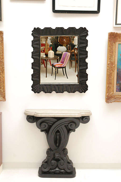 This is a strikingly artistic cast plaster console and mirror by important mid-century interior designer, Francis Elkins. The console and mirror are from the estate of Elkins' daughter, Katherine Elkins Boyd. The console base and mirror frame have a