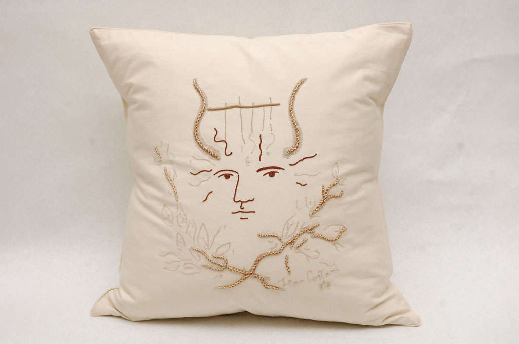 Amazing pillow sporting an image by Jean Cocteau and beautifully executed by Jean Francois Lesage.  With his only showroom based in Paris, all work is overseen by Lesage in India.  This pillow exhibits many different stitches and is an outstanding