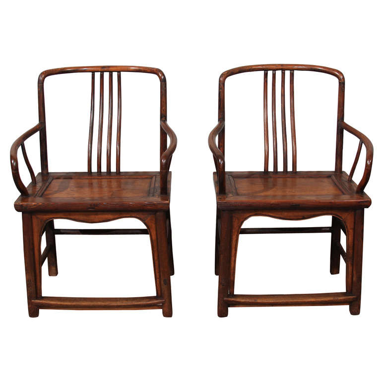 Pair of Chinese Curved Spindle Back Arm Chairs For Sale