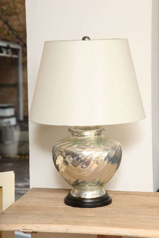 Mercury Table Lamp with ebonized round turned wood base. Mercury stylized gourd shape. <br />
Base: 6 1/2