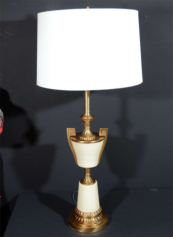 Pair of Modern Urn Brass Lamps with Greek Key Details