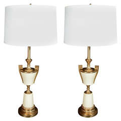 Pair of Modern Urn Brass Lamps with Greek Key Details