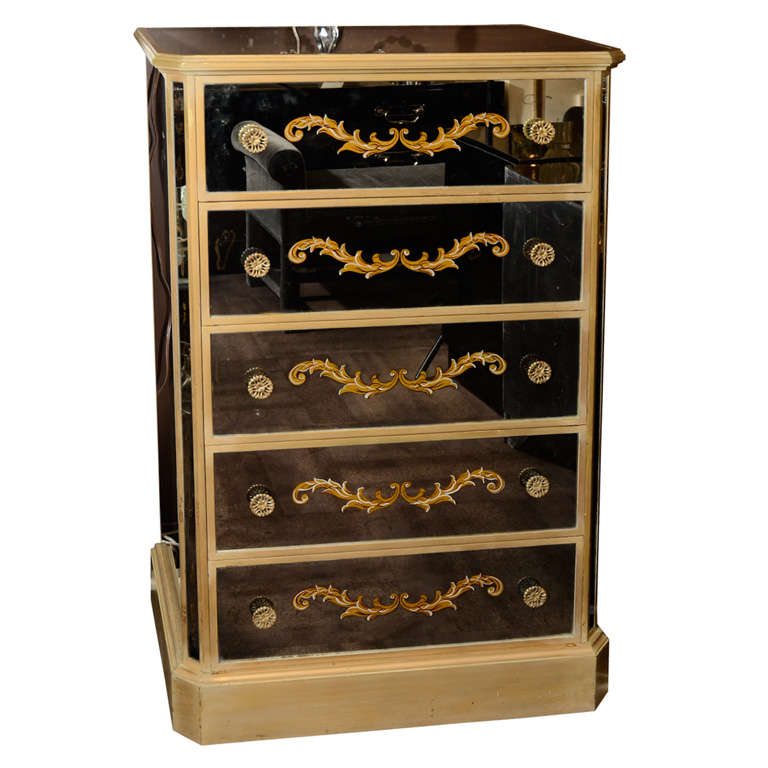 1940s Exquisite Gilt Smoked Mirror High Chest with Églomisé Detailing