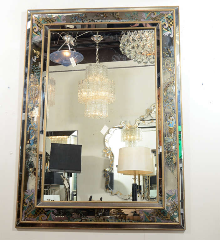 Verre Eglomise Mirror featuring a mirrored<br />
surround with Verre eglomise Chinnoiserie<br />
Decor and Gilt Wood Trim with a shadowbox<br />
design.