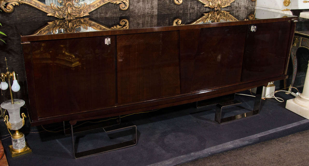 A Unique Antique French Art Deco Rose Wood & Chrome Credenza