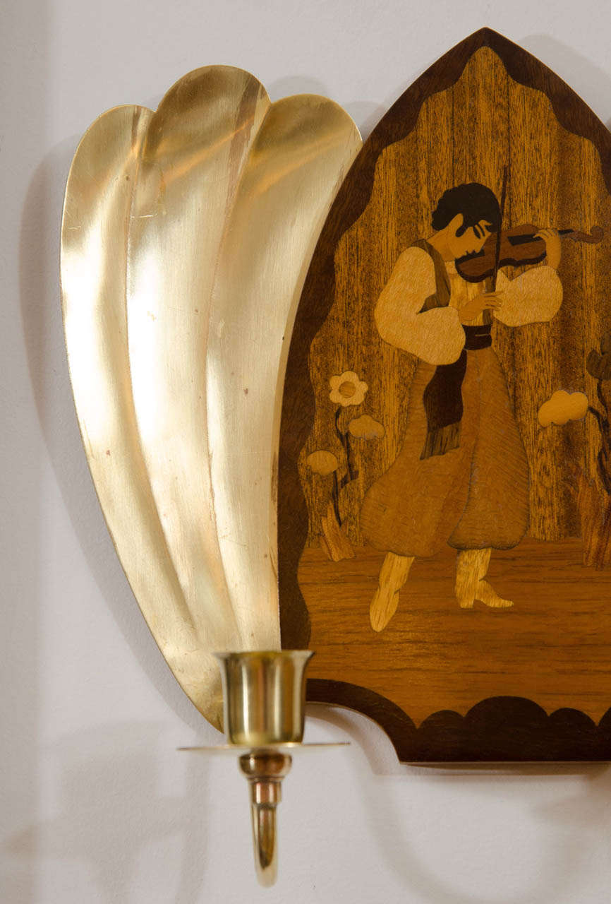 Art Deco Mjolby Intarsia Wall Sconces In Excellent Condition For Sale In New York, NY