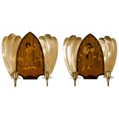 Vintage Art Deco Mjolby Intarsia Wall Sconces