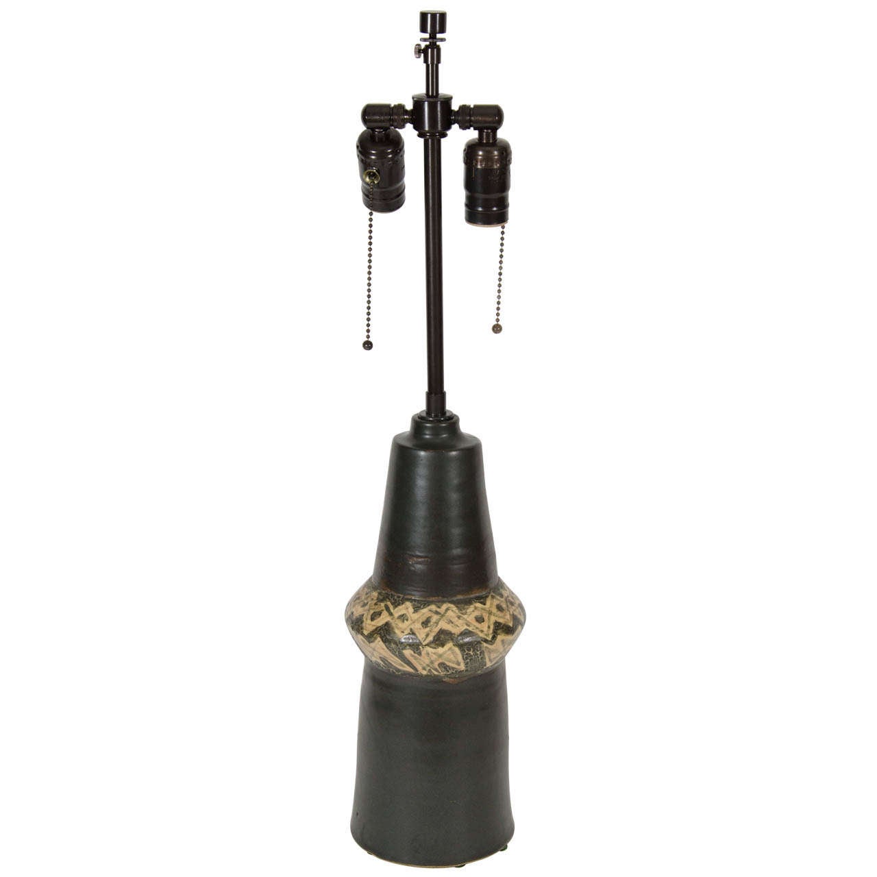 French Black Ceramic Table Lamp with Incised Ochre Colored Band