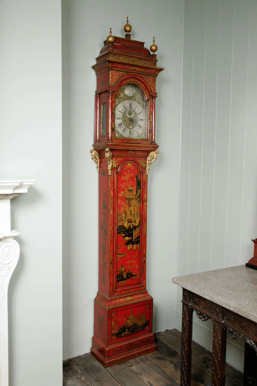 An Impressive Large Scale George II Red Lacquer Long Case Clock