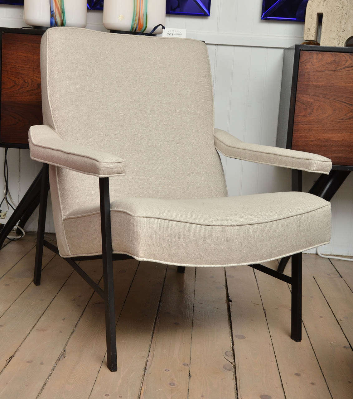 Pair of Metal Frame Linen Upholstered Arm Chairs