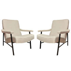 Pair of Metal Frame Linen Upholstered Arm Chairs