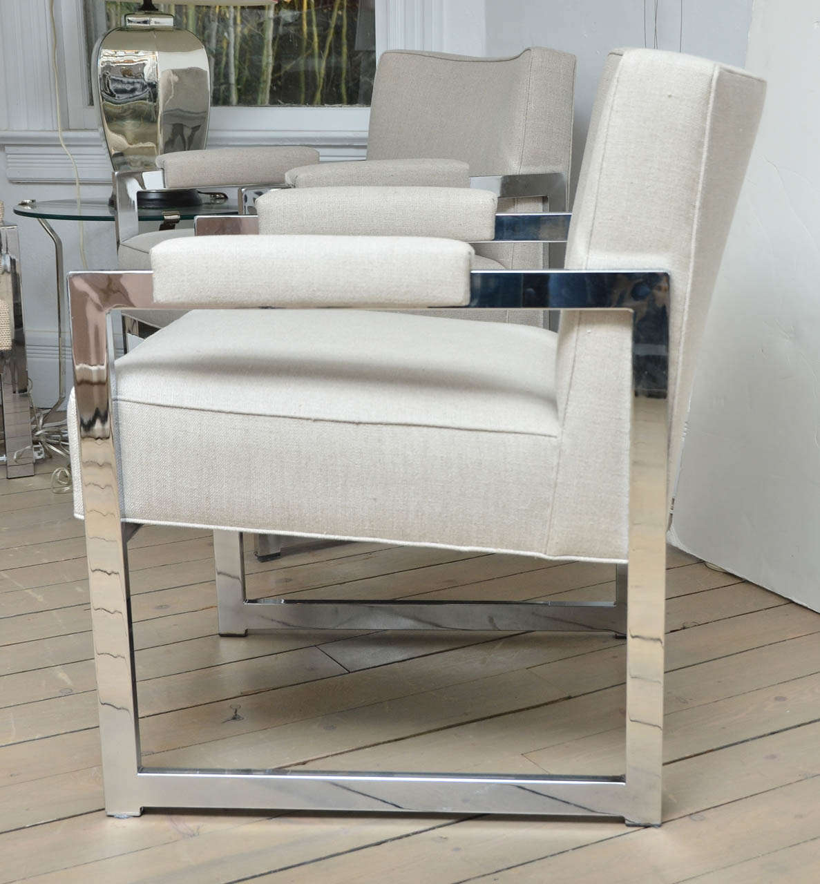 Mid-Century Modern Pair of Chrome Frame Linen Upholstered Chairs 